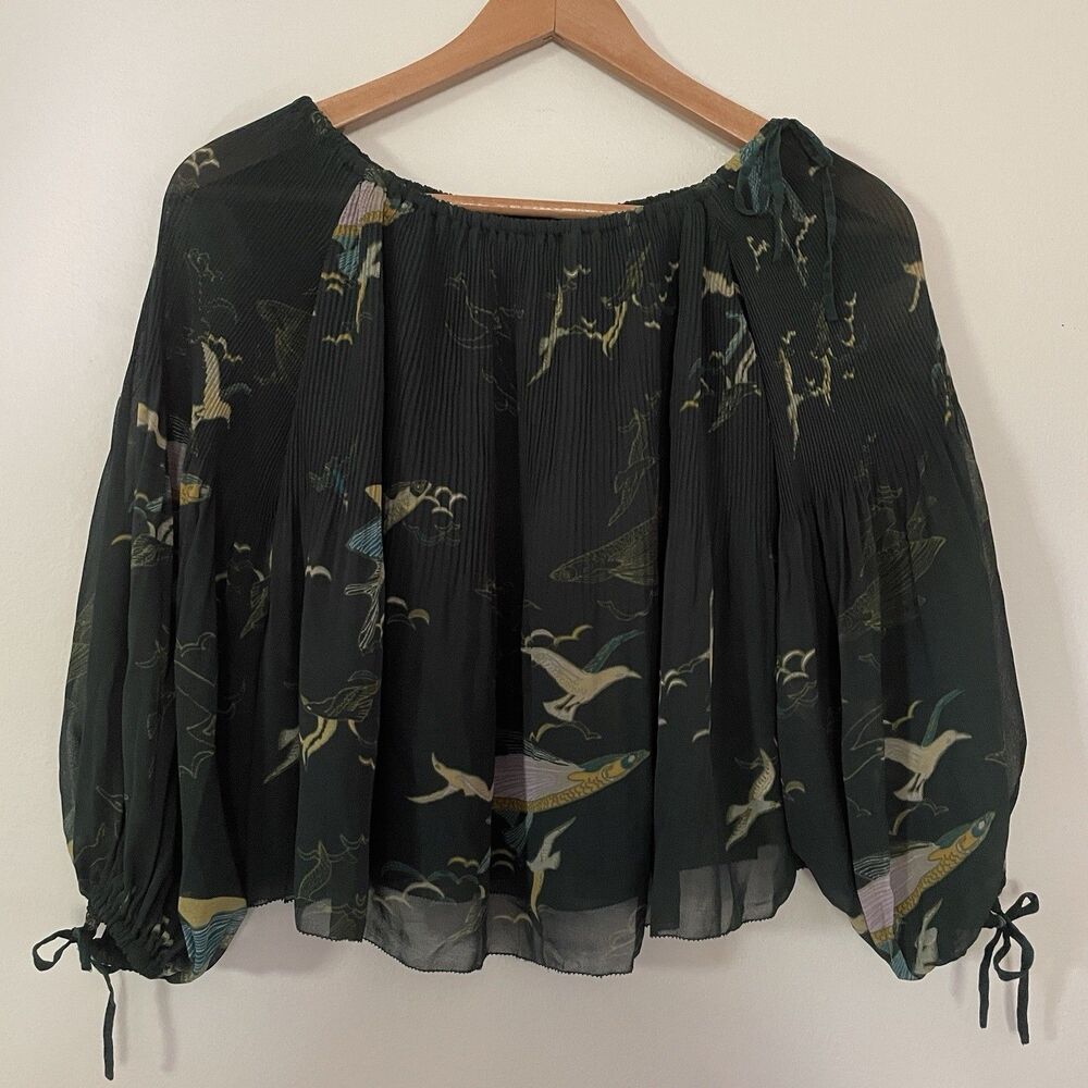 Wilfred Aritzia Talence Top XS Silk Trim Hunter Green Asian Birds Koi Fish